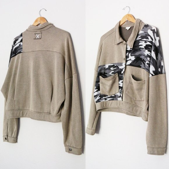 POL Camo Light Khaki Olive Patchwork Jacket Oversize Soft Cotton Blend Shacket S - Picture 1 of 15